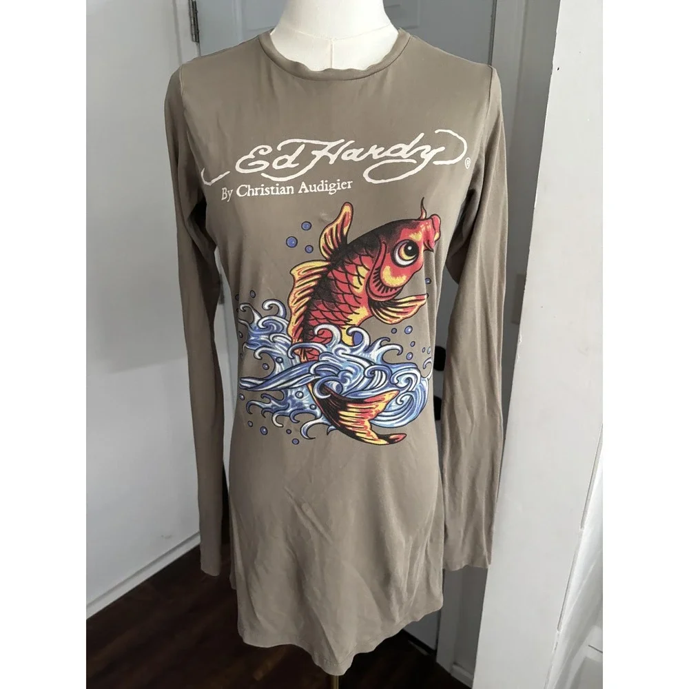 Ed Hardy Christian Audigier Dress Women Large Tattoo Graphic Bodycon 90s Y2K